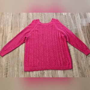 Sonoma Plus Pink Chevron Knit Crew Neck Sweater Lattice-Front Raglan